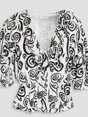 RHODE Black & White Swirl Ruffle V-Neck Blouse